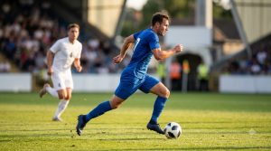 Soccer player dribbling at speed with head up and the ball close to the foot