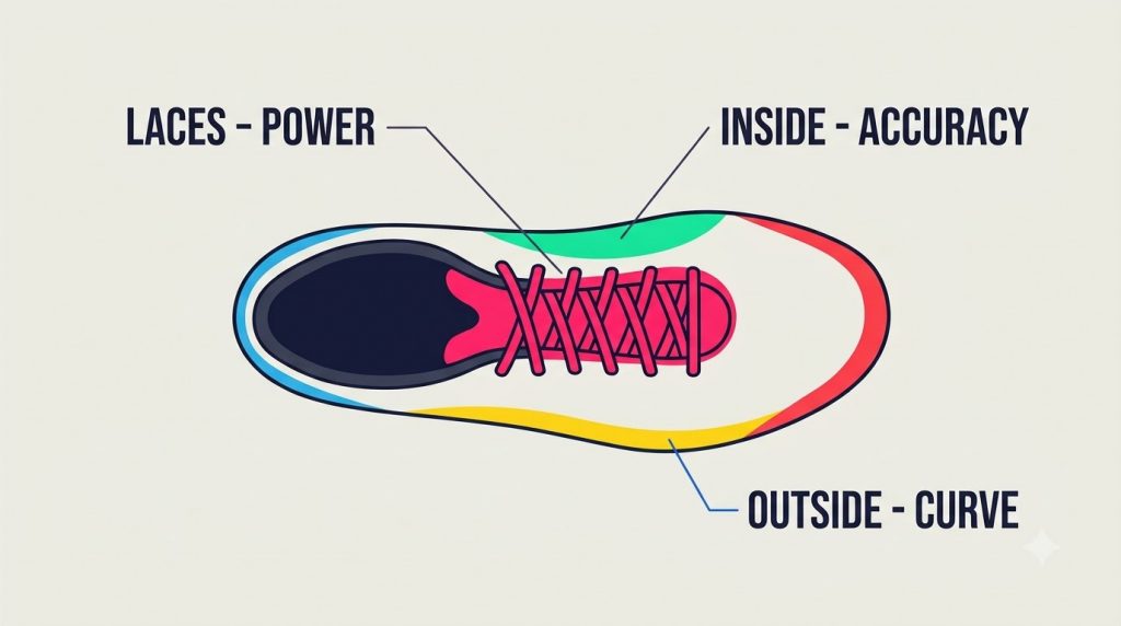 Three contact surfaces of a soccer boot: laces for power, inside for accuracy, outside for curve
