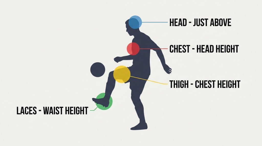 Juggling contact zones and target heights: laces, thigh, chest and head