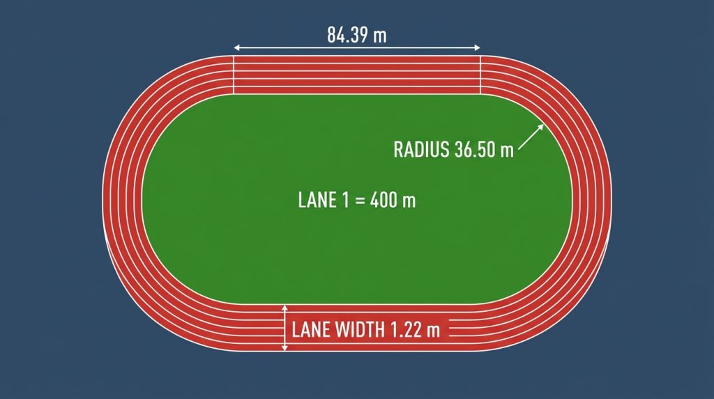 Diagram of a 400 m athletics track showing the 84.39 m straight, 36.50 m bend radius and 1.22 m lane width