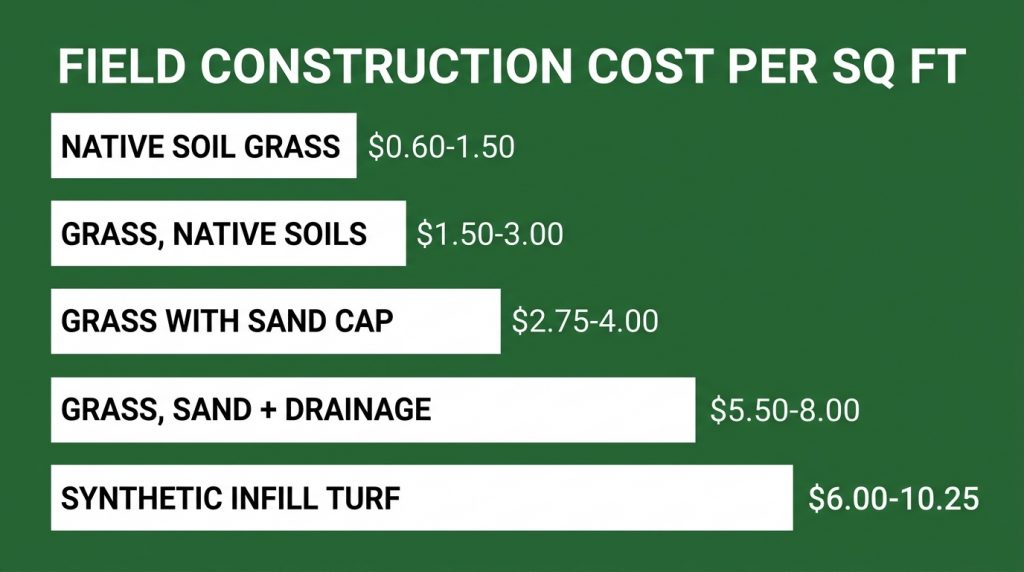 Gráfico de barras del coste de construcción por pie cuadrado según la superficie, de césped natural a sintético