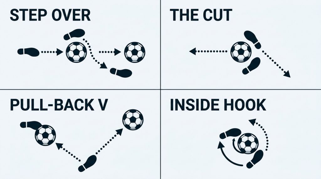 Four basic soccer skill moves: step over, the cut, pull-back V and inside hook