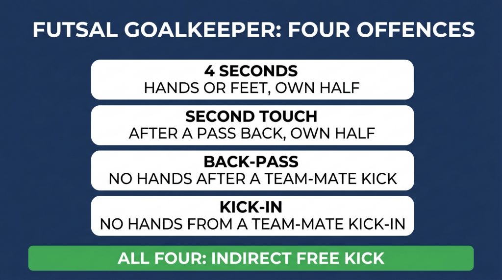The four futsal goalkeeper offences and the indirect free kick each one concedes