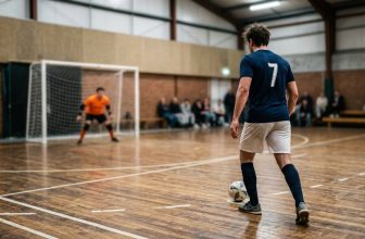 Futsal player standing over the ball on the penalty mark with the goalkeeper on the line