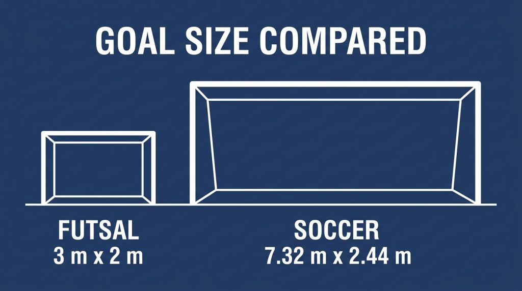 Futsal goal compared with a soccer goal, 3 by 2 metres against 7.32 by 2.44 metres
