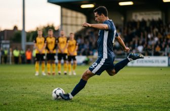 Player striking a free kick with the inside of the foot, defensive wall behind