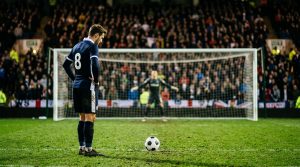 Player standing over the ball on the penalty spot with the goalkeeper on the line
