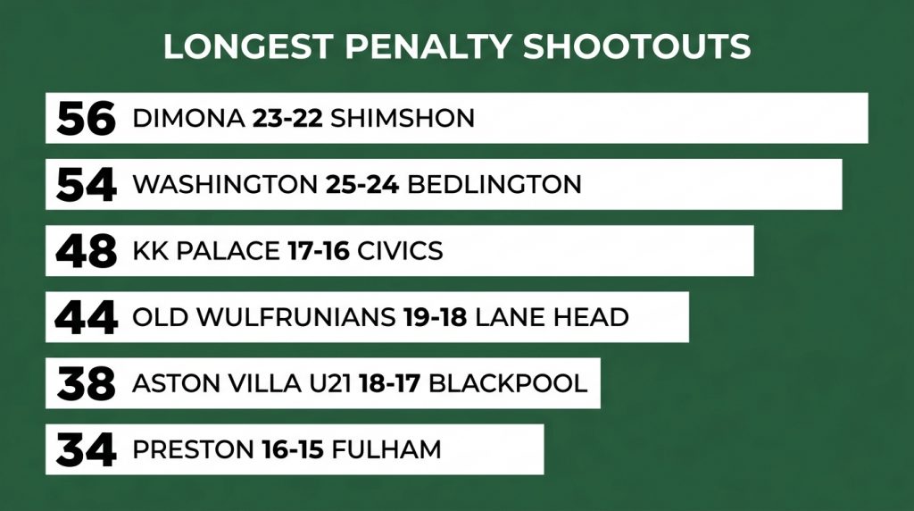 Bar chart of the longest penalty shootouts in history by number of kicks, from 56 down to 34