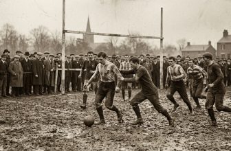 Sepia photograph of a Victorian football match with players in period kit and a laced leather ball