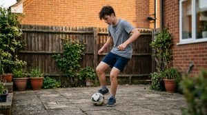Teenager practising close ball control with a soccer ball on a patio beside a garden wall