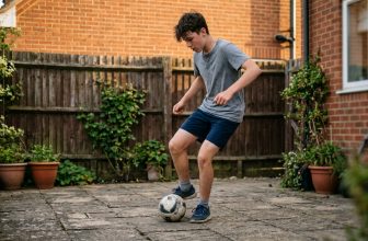 Teenager practising close ball control with a soccer ball on a patio beside a garden wall