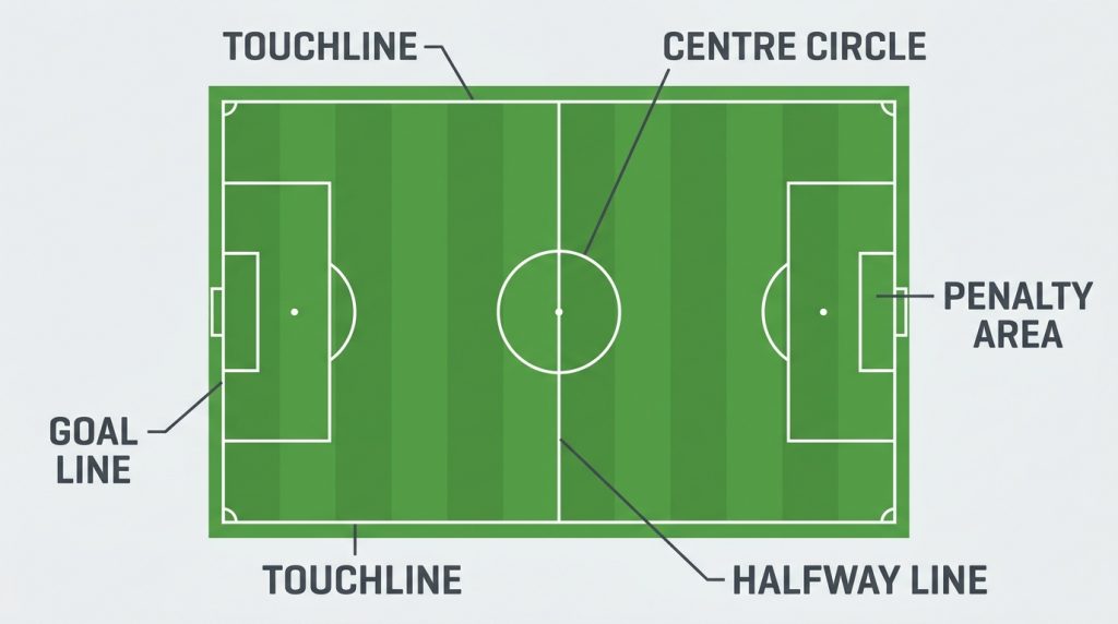 Soccer field diagram with touchline, goal line, penalty area, centre circle and halfway line labelled