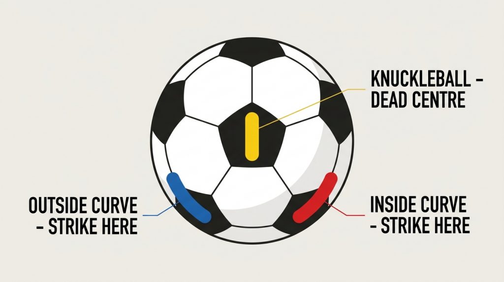 Diagram of a soccer ball showing where to strike for inside curve, outside curve and knuckleball